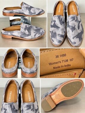 Trask women's 7.5 M Metallic Gray Camo Leather Slip On Loafers Shoes 1480